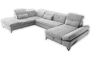‎STELLA TRADING Stella Trading MELFI Wohnlandschaft in U-Form, Stoffbezug Silber - Ausziehbares Sofa mit Schlaffunktion & Bettkasten - 350 x 73 (96) x 245 cm (B/H/T)