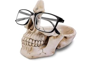 VIPbuy Skull Glasses Holder Stand , Novelty Eyeglass Holder Rack with Storage Tray for Nightstand, Resin Skull Head Statue Sculpture Home Office Desk Decor Gift (White)