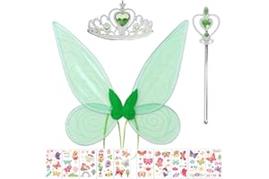 WINWILD Fata Ali Bambini con Bacchetta Glitter, Corona, Tatuaggio Adesivo - Ragazze Ali Fata Ali Adulti farfalla Ali Costume per Carnevale Cosplay WingsProps (Verde)