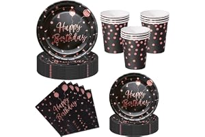 Nkaiso Barns Födelsedagsservis, 50-pack, Svart och Roséguld Pappersservis – med Engångs Papperstallrikar, Servetter &