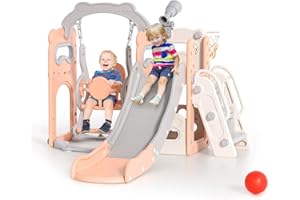 MINENICE Kinderschaukel- und Rutschenkombination mit Schaukelset, verstärkte Rutsche, 170 cm extra Lange Rutsche, verdicktes Material, Stabiler, geeignet für Outdoor-/Indoor-Spielplätze für Kinder (Rosa)