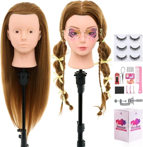 Neverland 71cm Testa Bambola da Truccare e Pettinare con 60% Capelli Veri, Testa per Parrucchieri, Testa di Allenamento per Parrucchieri + Accessori per Capelli, Ciglia e Supporto da Tavolo (Biondo) - 1