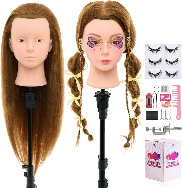 Neverland 71cm Testa Bambola da Truccare e Pettinare con 60% Capelli Veri, Testa per Parrucchieri, Testa di Allenamento per Parrucchieri + Accessori per Capelli, Ciglia e Supporto da Tavolo (Biondo)