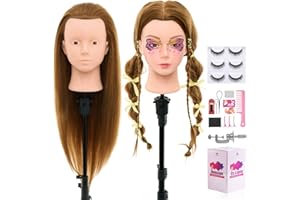 ‎NEVERLAND BEAUTY & HEALTH Neverland 71cm Frisierkopf Schminkkopf mit 60% Echthaar, Puppenkopf zum Frisieren Übungskopf Trainingsköpfe für Friseure mit Haare Zubehör, Wimpern und Tisch Halter(Blonde)