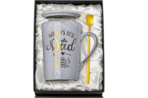 ALBISS Fathers Day Birthday Gifts for Dad from Daughter Son - World's Best Dad - Daddy Mug Printed with Gold, Funny Father's Presents, 14Oz Grey Ceramic Gold Print Coffee Cup, Lid Spoon Card, Nice Gift Boxed