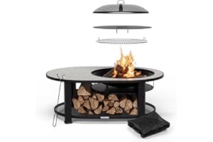 blumfeldt brasero Exterior Merano Circolo L, 3 en 1: Hoguera, Parrilla y Mesa, 122x87 cm, armazón de Acero, Tablero Ovalado de terrazo, Incluye atizador y Protector contra chispas, Negro