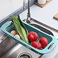 MineSign Extendable Over the Sink Colander Fruits and Vegetables Drain Basket Adjustable Food Strainer Sink Washing Basket for Kitchen (Blue)