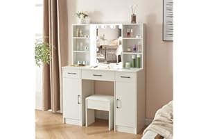 Teousev Big Dressing Table with Mirror and Stool, Vanity Desk with Drawers and Lights Adjustable Brightness, Modern Vanity Desk with Mirror, Drawers and Storage Shelves