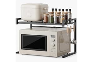 Warmiehomy Expandable Microwave Shelf Stand, 2 Tier Metal Kitchen Over Microwave Shelf Unit, Kitchen Countertop Organiser Shelves with Raised Fence and Premium Non-slip Corner Pads, 39~63×36×42CM