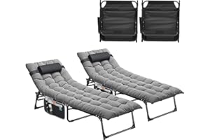 YITAHOME Reclining Sun Lounger Set of 2 with Cushion 190x68x31cm Folding Sun Bed 5 Position Adjustable, Sunloungers with Headrest & Side Pocket Load Capacity 300lbs for Garden, Beach, Camping, Gray