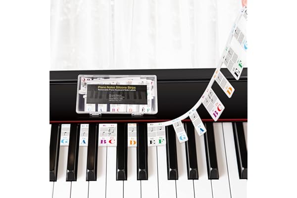 Guide de notes de piano en silicone pour débutant, étiquette de notes de musique de piano sans autocollants pour 88 touches pleine taille, réutilisable et livré avec boîte (arc-en-ciel)