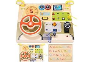 AZYVUM Busy Board Montessori zabawka z symulowaną kierownicą i włącznikami LED, deska do aktywności motorycznej, drewniana tablica rozdzielcza do busy Board od 1 roku życia, prezent dla chłopców i