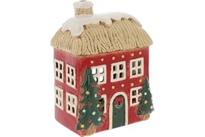 Shudehill Giftware Christmas Village Ceramic Tealight Houses, Red and White Xmas designs, plenty of designs to choose from (Thatched Roof)