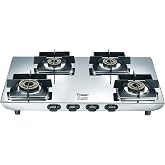 Prestige Valora 04B Stainless Steel Body L.P. Gas Stove 4 Brass Burners Silver|Wind Guard Pan Support|360° Revolving Nozzle|R
