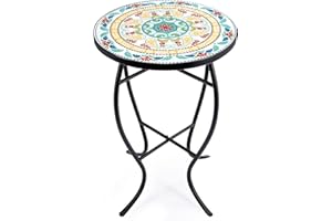 VONLUCE Table de Jardin de Style Mosaïque, Table d'Appoint Ronde en Mosaïque de Pierre de Dia. de 35,5CM (Fleuri)