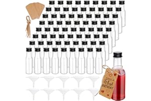 Aweyka 72 Pack Mini Liquor Bottles, Empty Plastic Spirit Bottles with Black Cap,30ml/1oz Mini Alcohol Bottles with 10 Funnels, 72 Tag and Ropes, Miniature Bottles for Weddings,Party Favors