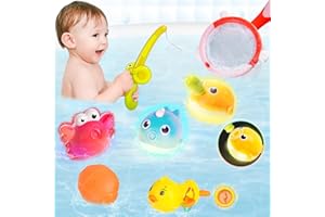 Highttoy Juguetes Baño Bebe, 7 Piezas Juego de Pesca con 3 Juguetes Baño Pesca Luminosos/Pato Nadador Viento/Red de Pesca/Caña de Pescar/Bola de Chorro, Juguetes Bañera Flotantes para Bebés Niños