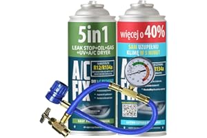 A/C FIX AC FIX 5 en 1 – R134a + R134a XL + Manguera, 470 g Refrigerante para aire acondicionado de coche con aceite, sellador, tinte UV y desecante. Aplicación rápida. Protege el compresor.