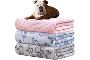 Rezutan Dog Blankets, Puppy Blankets, Dog Blankets Washable, Flannel Throws for Dog Cat, Fleece Dog Blanket for Sofa, Bed, Car Seat, 3 Pack(Grey/Pink/Blue), 80x60cm