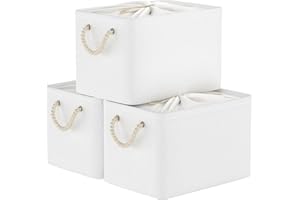 Yawinhe Lot de 3 Paniers de Rangement Pliables, Tissu, Boîtes pour étagères, avec Cordon de Serrage et 2 Poignées, pour Vêtements, Blanc, 38x28x26cm, SNK003WL