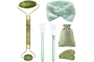 VEGCOO Rouleau de Jade Kits, Jade Roller Visage et Pierre de Gua Sha, Massage pour Visage Cou Corps Muscles