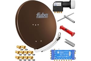 Fuba 8 Teilnehmer Digital SAT Anlage 85cm Schüssel DAA850B Braun + hb-digital UHD 414 S Quattro LNB 0,1dB HDTV 4K + UHD-MS 5/8 Multischalter + Aufdreh-Set + 24 vergoldete F-Stecker Gratis dazu