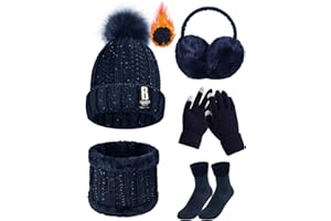 Voqeen Juego de 5 Piezas de Gorro y Bufanda de Punto Guantes de Pantalla táctil Guantes Orejeras de Felpa de Invierno Calcetines térmicos para Gorro de esquí Deportes al Aire Libre