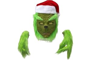 LKOIVNED Máscara Grinch, Grinch Navidad Decoracion, Máscara de Navidad y Guantes con Gorro Rojo Cosplay, Disfraz Grinch Adulto para Halloween Xmas Divertido Carnaval Fiesta