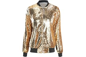 Nathnic® Women’s Ladies Sequin Glitter Bomber Jackets Outerwear Long Sleeves Metallic Shinny Club Dance Party Costume Biker Blazer Tops Plus Size S-XL
