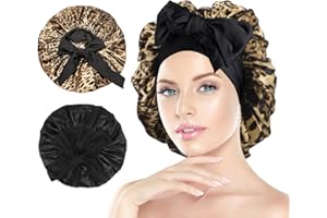 Arqumi Silk Bonnet - 2PCS Large Silk Hair Wrap for Sleeping Adjustable Satin Bonnet Hair Bonnet Sleep Cap with Elastic Stay On Head for Long Curly Thick Black Hair for Women Hair Care Black&Leopard