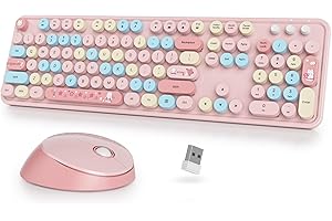 SbocKeeb Cute Teclado y Ratón Inalámbrico, Vistosa de Máquina de Escribir Teclado Retro con Teclas Redondas,2.4GHz Fullsize,Americano QWERTY