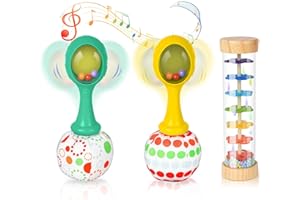 ZENDSTANDING Baby Rattles 0-12 Months Newborn Toys Wooden Rain Stick & Rock Maracas, 3 Soft Musical Instruments Sensory Hand Grip Developmental Toy for Infant Babies Boy Girl Gifts