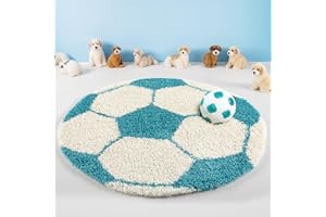 ‎TEPPIUM Hochlfor Kinder Teppich Rund Fußball Design Teppich Kinderzimmer Babyzimmer Jugendzimmer Spielzimmer Teppich Weich & Flauschig Pflegeleicht Farbe: Türkis, Grösse: 120 cm Rund