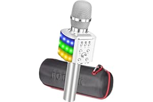 BONAOK Mikrofon mit Lautsprecher Led, Tragbares 4 in 1 Mikrofon Kinder mit Aufnahmefunktion, Zuhause Party Karaoke Dynamische Bluetooth Mikrofone für Android/iOS (Q36 Silber)
