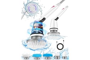 Auqatur Electric Spin Scrubber, Power Scrubber with Adjustable Extendable Arm & 5 Replacement Brush Heads, USB Rechargeable Cleaning Brush for Bathroom, Bathtub, Kitchen, Tile & Floor Scrubbing