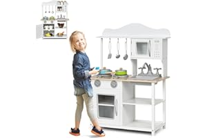 HOMASIS Cucina per Bambini in Legno, Cucina Giocattolo con Accessori, Stoviglie, Lavandino, Fornelli, Forno a Microonde, Set da Cucinetta per Bambini dai 3 Anni in Su, 60x30x83 cm