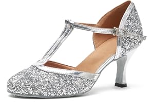 MINITOO Women's T-Strap Flared Heel Glitter Latin Ballroom Dance Shoes Party Pumps L268