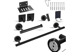 DECEVI Juego Accesorios Baño - Kit de 7 Piezas con Jabonera, Toallero de 40cm, Soporte para Papel Higiénico, 4 Ganchos - Fácil de Instalar, Material de Montaje Incluido - Acabado Negro Mate