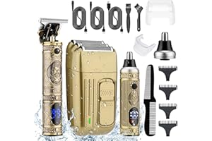 ‎BESTAUTY Bestauty Folienrasierer Herren Elektrorasierer mit 3 flexiblen Klingen Kopfrasierer Nasenhaartrimmer Haarschneidemaschine Glatzen Rasierer Wasserdicht Haarschneider Pflegeset B Geschenk Mann, Gold