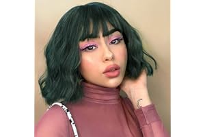 PARXITN Kurze Bob Perücke mit Pony Natürliches Dunkelgrün Synthetisches Haar Bunt Täglich Party Halloween Cosplay Gewellte Lockige Perücken für Frauen