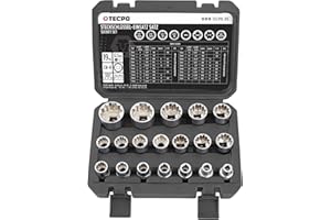 TECPO Steckschlüssel Satz 19-tlg. Sechskant 8-32 mm 1/2 Zoll Werkzeug Nuss-Set Zöllig 5/16"-1-1/4" E-Profil für Torx E10-E40 Zwölfkant Nüsse M8-M32
