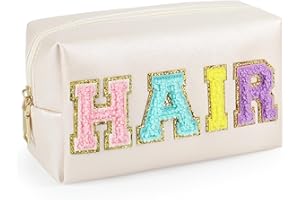 GINOYA Letter Cosmetic Bag, Synthetic Leather Patch Makeup Bag with Hair Chenille Letter for Purse Diaper Bag Travel