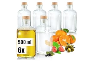 Wilhelm Sell® 6x Bottiglie in Vetro 500 ml con Tappo in Sughero, Contenitori Vuoti per Olio, Aceto o Liquori