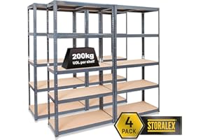 Storalex Pack of 4 Garage Racking Shelving Units – 1800mm x 900mm x 600mm - 200kg Per Shelf (Evenly Distributed) - Large 5 Tier Unit - Metal & MDF Boltless Assembly System