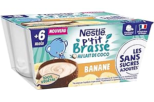 Nestlé Bébé P'tit Brassé Végétal Laitage Lait coco Banane sans sucres ajoutés - dès 6 mois - 4 x 90g
