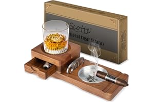 Scotte Cendrier, plateau en bois pour verres à whisky et cendrier en bois avec coupe-cigares, comprenant un tiroir à cigares et une fente pour cigares, un accessoire idéal pour les cigares d'hommes