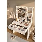 Yurudesign Monroe Makyaj Masası, &Ccedil;ekmeceli, Hollywood Led Işıklı, Raflı, Beyaz, MO3-W