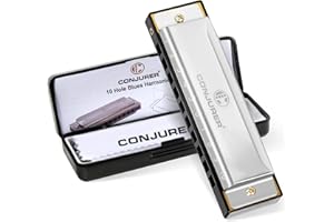 CONJURER Blues - Armónica para principiantes y adultos, armónica diatónica de 10 agujeros, llave C, órgano de boca de metal, llave C de latón, arpa azul con funda, llave C plateada