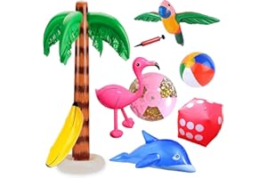 TSLBW 9 Stücke Aufblasbare ​Palmen Flamingo Spielzeug Aufblasbare Bananenstrandbälle Fliegen Papagei Hai Würfel Inflator Strandspielzeug-Set inkl Pool Spielzeug für Sommer Schwimmbad Hawaii Deko Themenpart