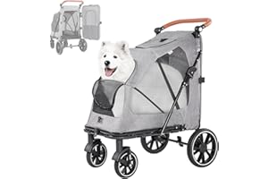 LPOTIUS Hundebuggy Große Hunde Schwerlast Hundewagen bis 50kg, Dog Stroller Hundekinderwagen mit 4 Rädern, 3 Netzfenstern, Verstellbarer Griff, Haustier Transportwagen Hunde Jogger Buggy